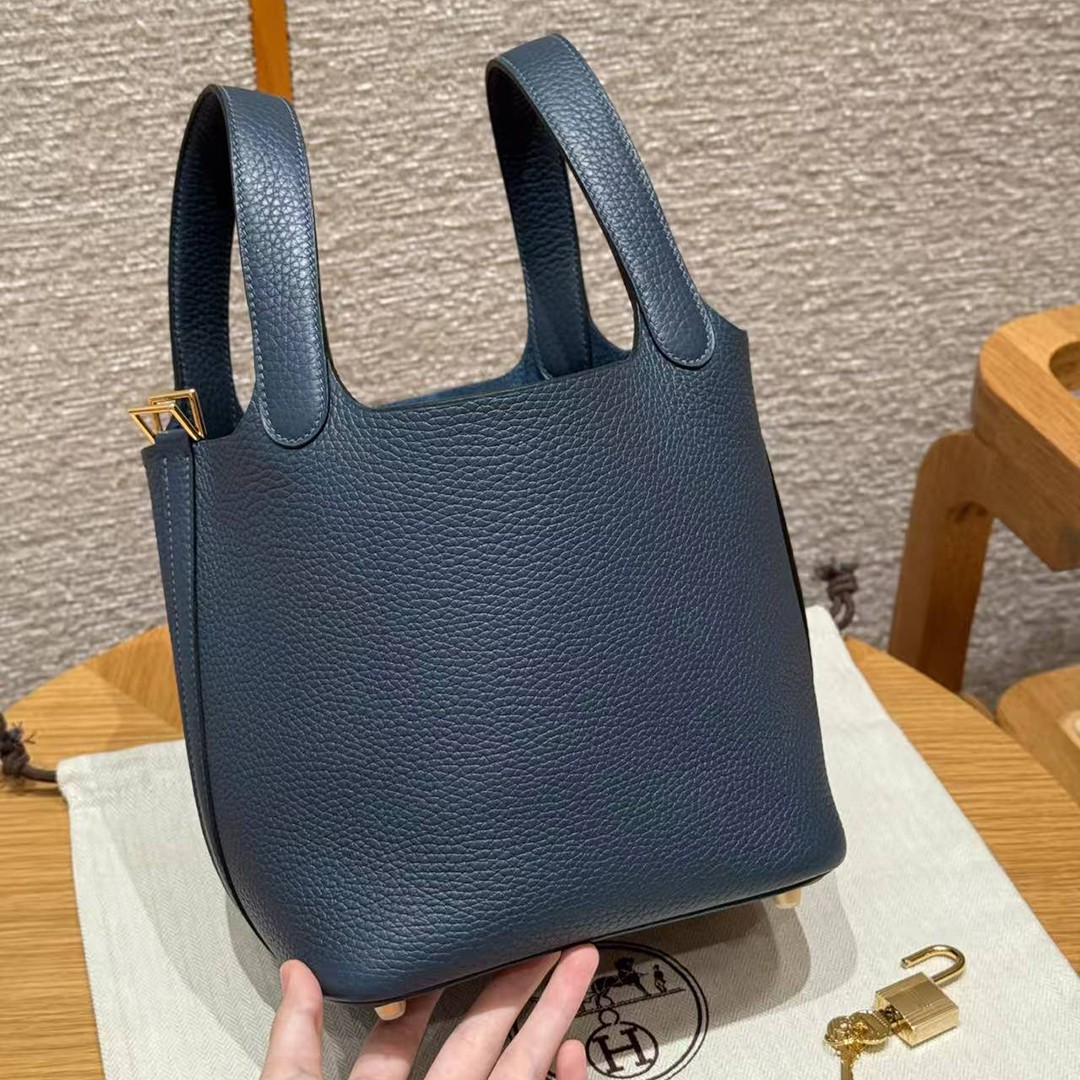 Hermes Picotin Lock 18 CM Bag Handmade In Taurillon Clemence Leather Gold Hardware 7P Blue Presse - Image 15