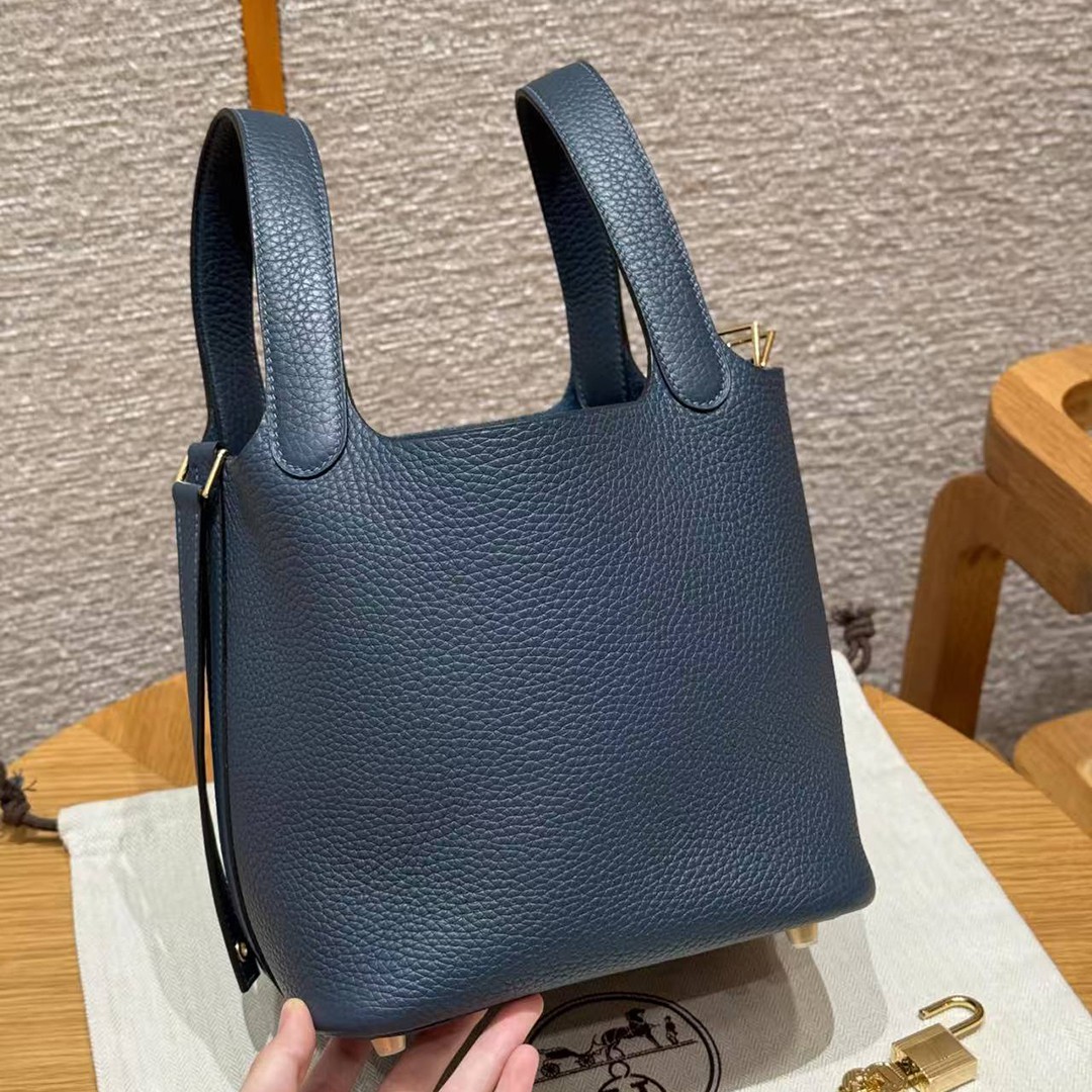 Hermes Picotin Lock 18 CM Bag Handmade In Taurillon Clemence Leather Gold Hardware 7P Blue Presse - Image 14