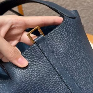 Hermes Picotin Lock 18 CM Bag Handmade In Taurillon Clemence Leather Gold Hardware 7P Blue Presse - Image 7