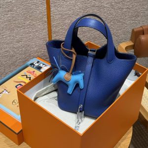 Hermes Picotin Lock 18 CM Bag Handmade In Taurillon Clemence Leather Silver Hardware 7T Blue Electric - Image 2