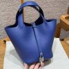 Hermes Picotin Lock 18 CM Bag Handmade In Taurillon Clemence Leather Silver Hardware 7T Blue Electric