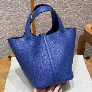 Hermes Picotin Lock 18 CM Bag Handmade In Taurillon Clemence Leather Silver Hardware 7T Blue Electric - Image 12