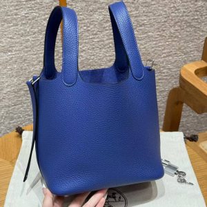 Hermes Picotin Lock 18 CM Bag Handmade In Taurillon Clemence Leather Silver Hardware 7T Blue Electric - Image 11
