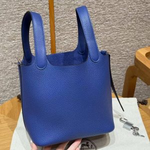 Hermes Picotin Lock 18 CM Bag Handmade In Taurillon Clemence Leather Silver Hardware 7T Blue Electric - Image 10