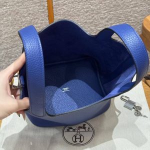 Hermes Picotin Lock 18 CM Bag Handmade In Taurillon Clemence Leather Silver Hardware 7T Blue Electric - Image 9