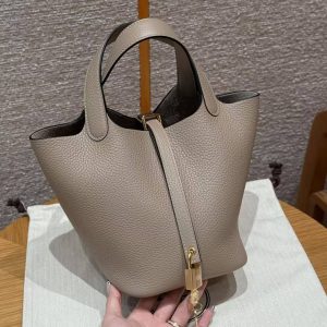 Hermes Picotin Lock 18 CM Bag Handmade In Taurillon Clemence Leather Gold Hardware 81 Gris Tourtlle