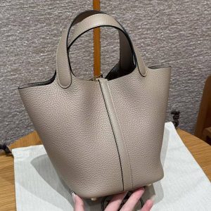 Hermes Picotin Lock 18 CM Bag Handmade In Taurillon Clemence Leather Gold Hardware 81 Gris Tourtlle - Image 2