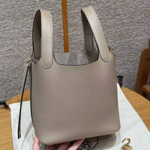 Hermes Picotin Lock 18 CM Bag Handmade In Taurillon Clemence Leather Gold Hardware 81 Gris Tourtlle - Image 16
