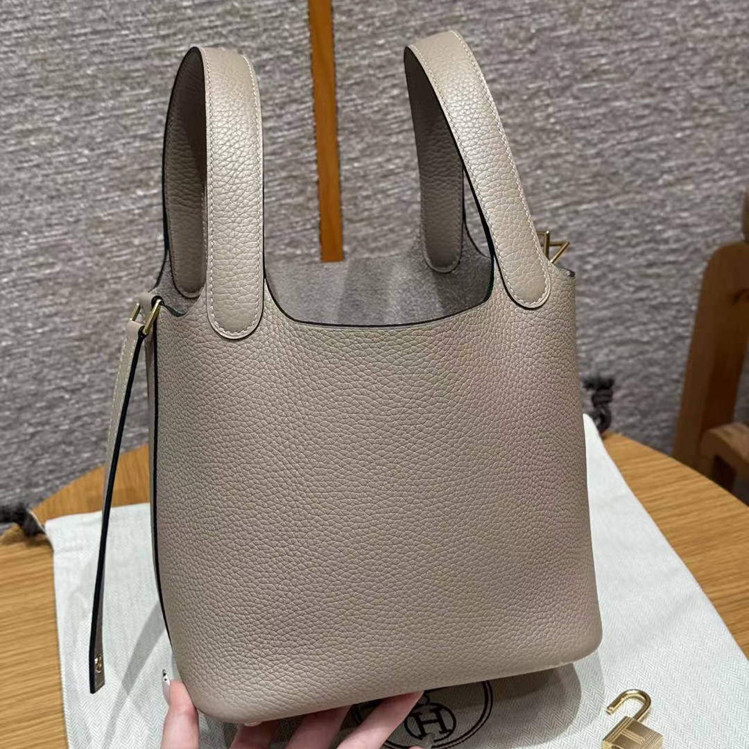 Hermes Picotin Lock 18 CM Bag Handmade In Taurillon Clemence Leather Gold Hardware 81 Gris Tourtlle - Image 16