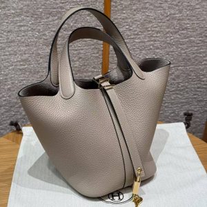 Hermes Picotin Lock 18 CM Bag Handmade In Taurillon Clemence Leather Gold Hardware 81 Gris Tourtlle - Image 10