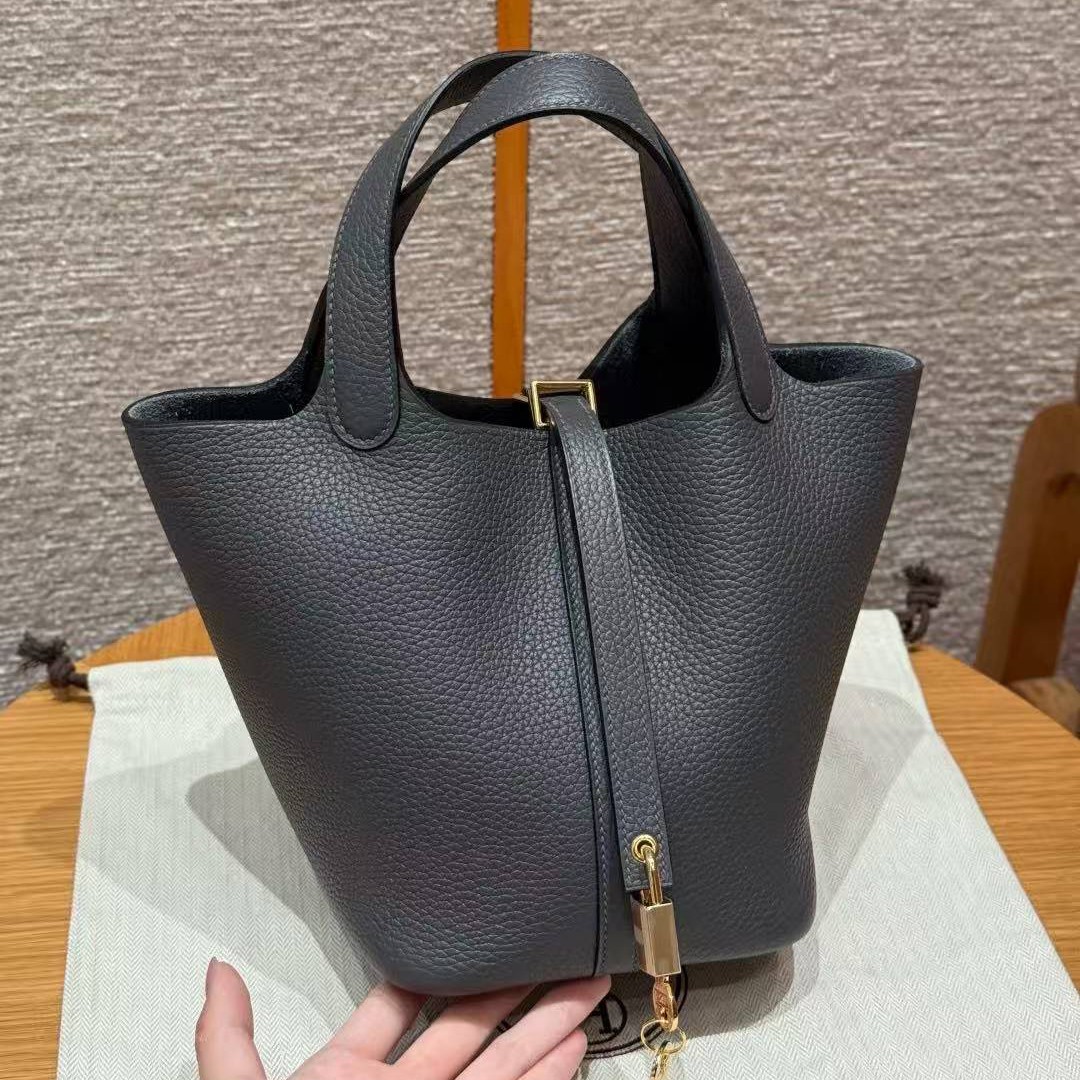 Hermes Picotin Lock 18 CM Bag Handmade In Taurillon Clemence Leather Gold Hardware 88 Graphite