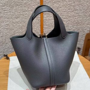Hermes Picotin Lock 18 CM Bag Handmade In Taurillon Clemence Leather Gold Hardware 88 Graphite - Image 2