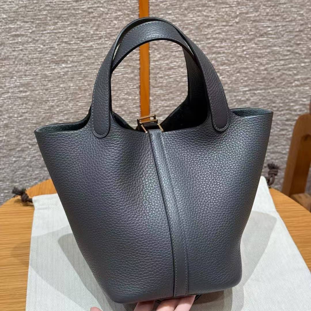 Hermes Picotin Lock 18 CM Bag Handmade In Taurillon Clemence Leather Gold Hardware 88 Graphite - Image 2