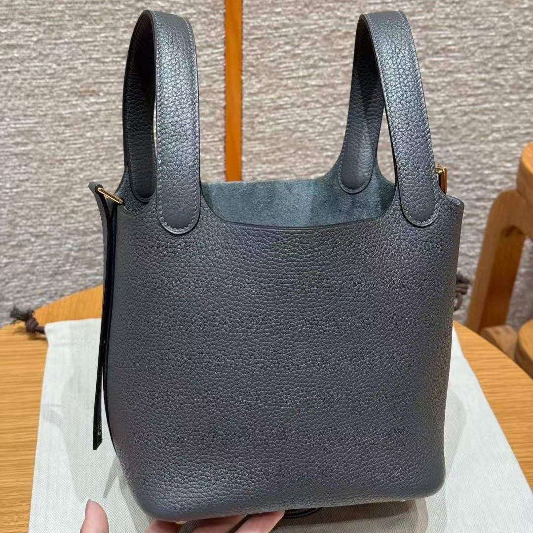 Hermes Picotin Lock 18 CM Bag Handmade In Taurillon Clemence Leather Gold Hardware 88 Graphite - Image 17
