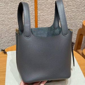 Hermes Picotin Lock 18 CM Bag Handmade In Taurillon Clemence Leather Gold Hardware 88 Graphite - Image 16