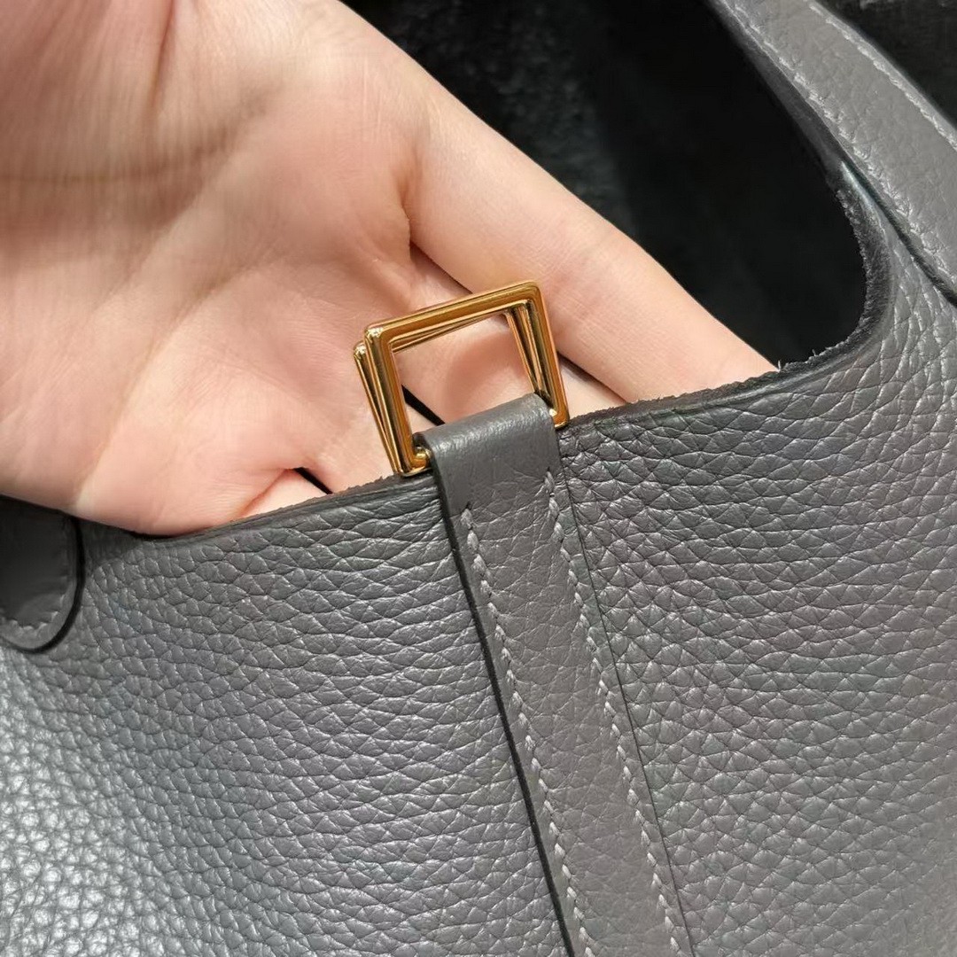 Hermes Picotin Lock 18 CM Bag Handmade In Taurillon Clemence Leather Gold Hardware 88 Graphite - Image 6