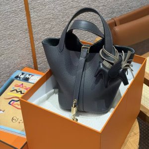 Hermes Picotin Lock 18 CM Bag Handmade In Taurillon Clemence Leather Gold Hardware 88 Graphite - Image 5