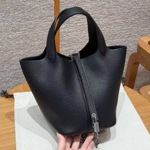 Hermes Picotin Lock 18 CM Bag Handmade In Taurillon Clemence Leather Silver Hardware 89 Noir
