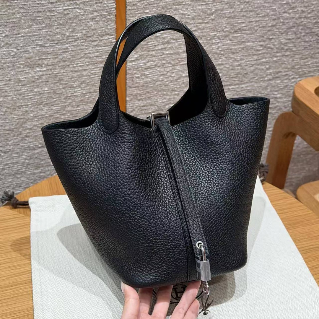 Hermes Picotin Lock 18 CM Bag Handmade In Taurillon Clemence Leather Silver Hardware 89 Noir