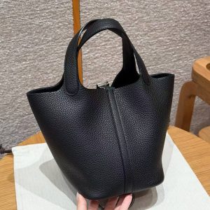 Hermes Picotin Lock 18 CM Bag Handmade In Taurillon Clemence Leather Silver Hardware 89 Noir - Image 2
