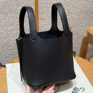 Hermes Picotin Lock 18 CM Bag Handmade In Taurillon Clemence Leather Silver Hardware 89 Noir - Image 17