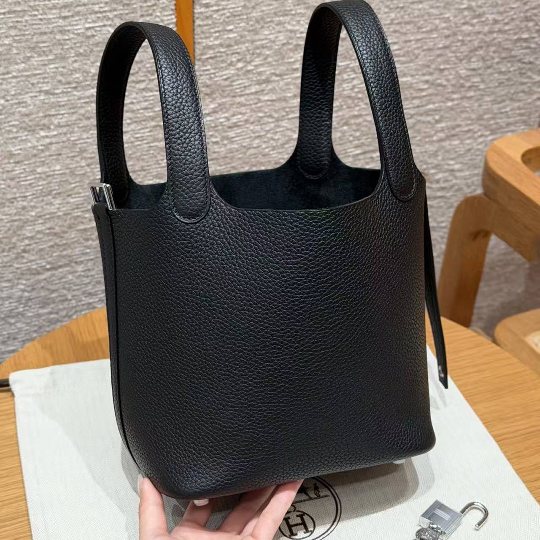 Hermes Picotin Lock 18 CM Bag Handmade In Taurillon Clemence Leather Silver Hardware 89 Noir - Image 16
