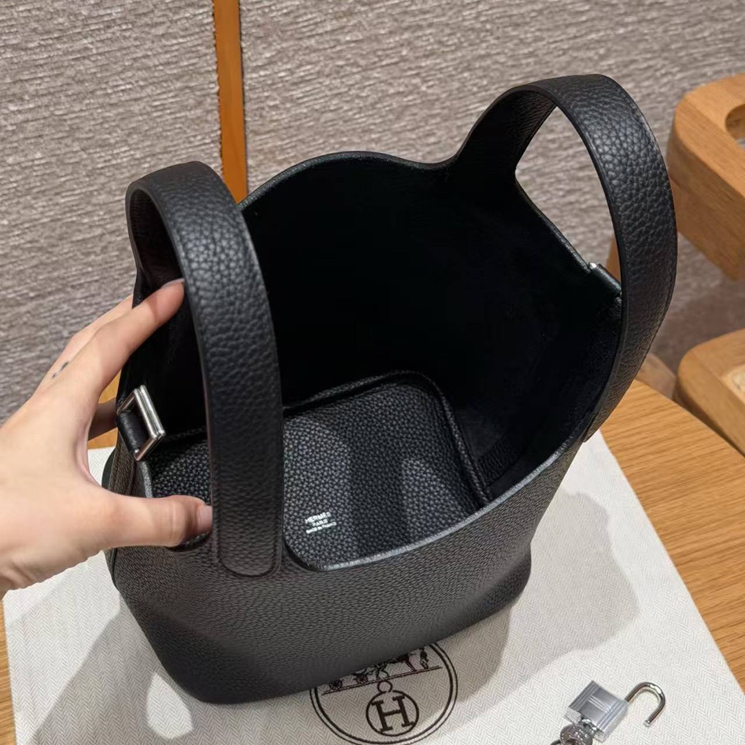 Hermes Picotin Lock 18 CM Bag Handmade In Taurillon Clemence Leather Silver Hardware 89 Noir - Image 14