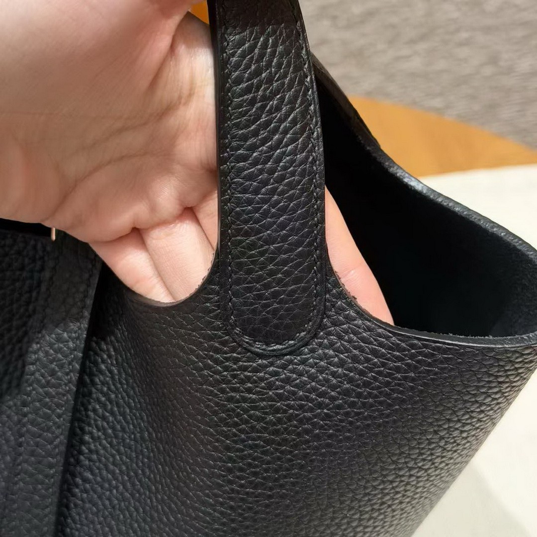 Hermes Picotin Lock 18 CM Bag Handmade In Taurillon Clemence Leather Silver Hardware 89 Noir - Image 8