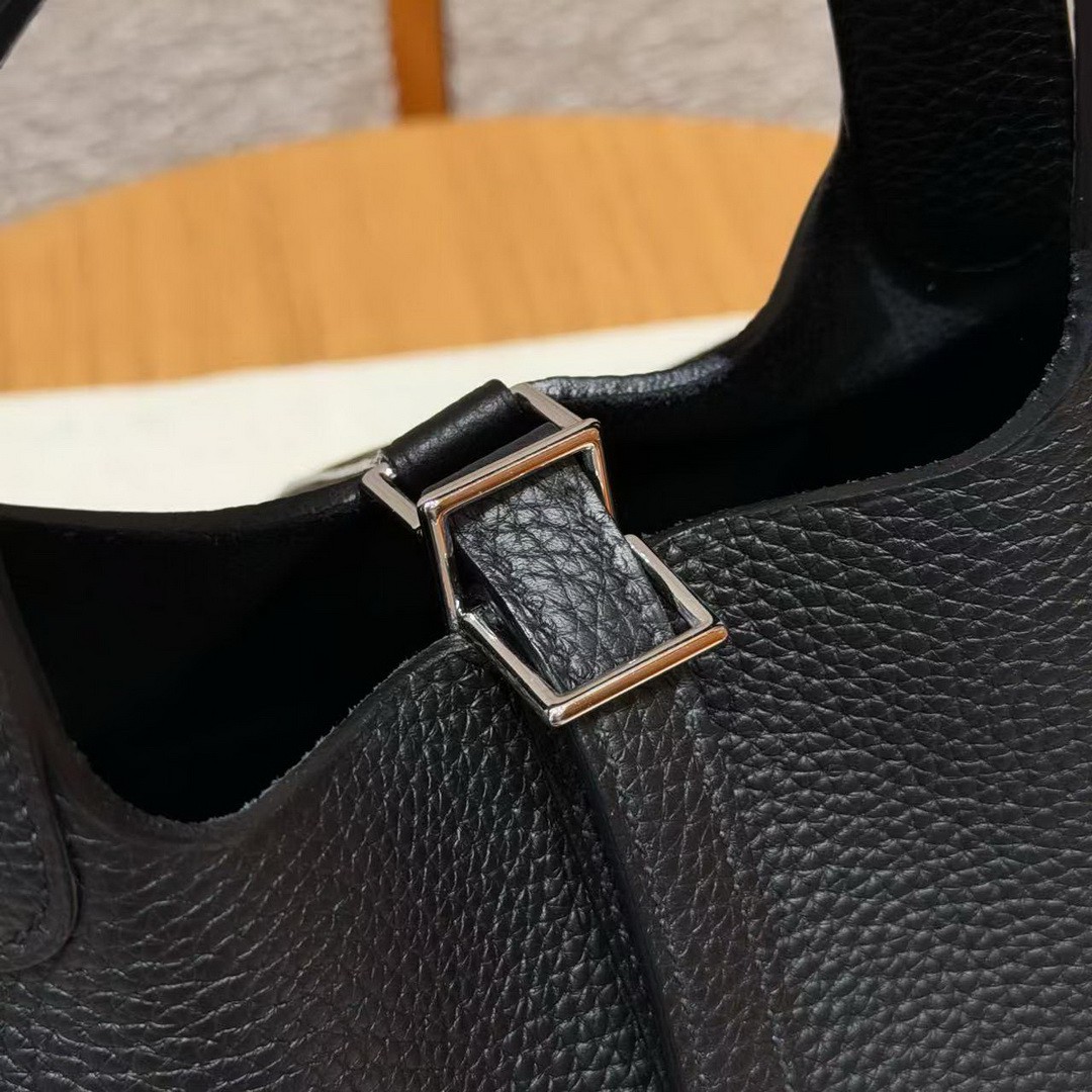 Hermes Picotin Lock 18 CM Bag Handmade In Taurillon Clemence Leather Silver Hardware 89 Noir - Image 7