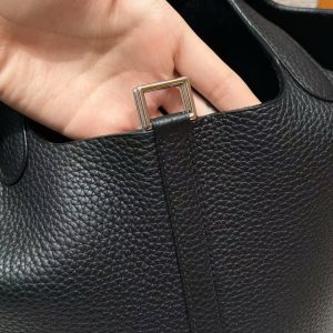 Hermes Picotin Lock 18 CM Bag Handmade In Taurillon Clemence Leather Silver Hardware 89 Noir - Image 6