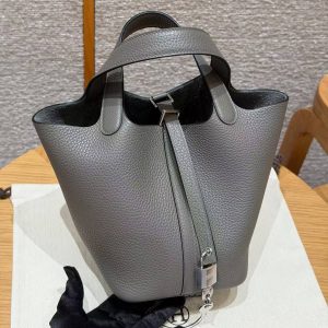Hermes Picotin Lock 18 CM Bag Handmade In Taurillon Clemence Leather Silver Hardware 8F Etain - Image 2