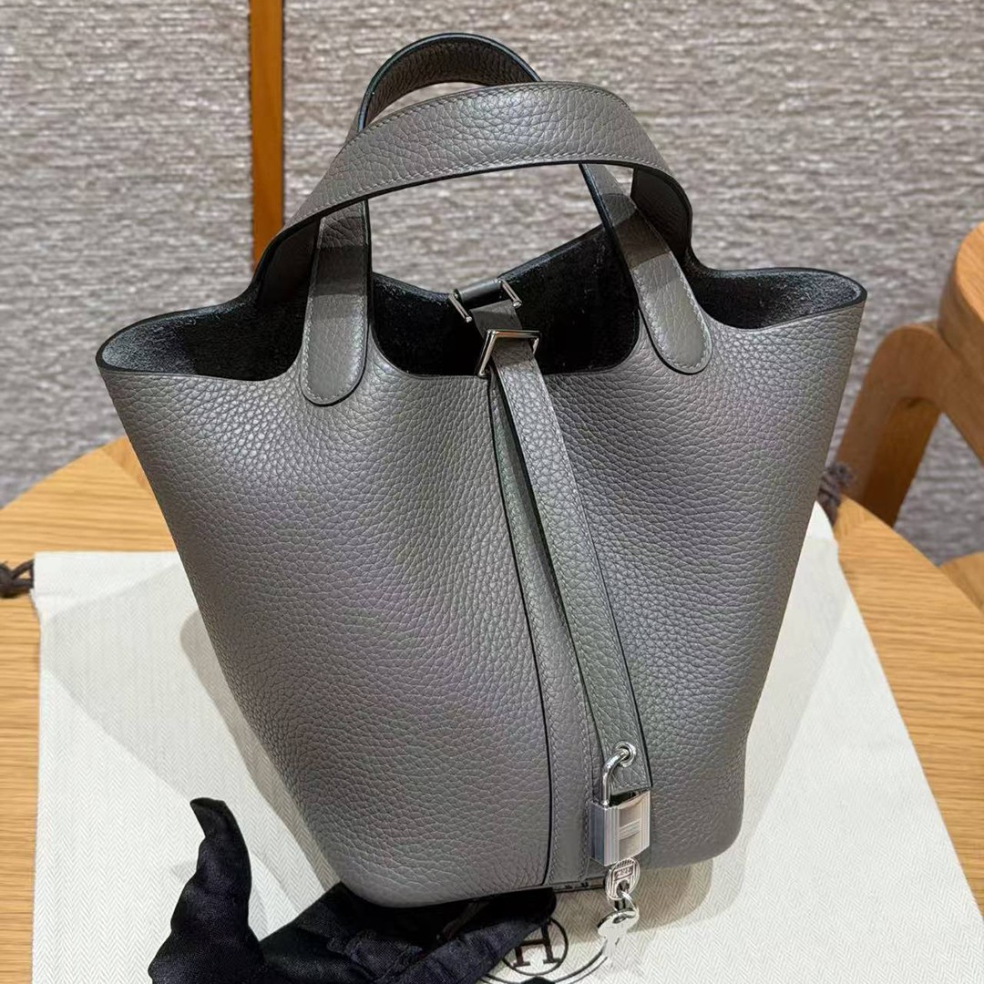 Hermes Picotin Lock 18 CM Bag Handmade In Taurillon Clemence Leather Silver Hardware 8F Etain - Image 2