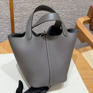 Hermes Picotin Lock 18 CM Bag Handmade In Taurillon Clemence Leather Silver Hardware 8F Etain - Image 17