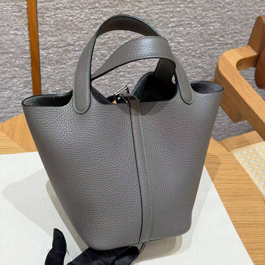 Hermes Picotin Lock 18 CM Bag Handmade In Taurillon Clemence Leather Silver Hardware 8F Etain - Image 17