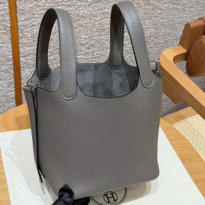 Hermes Picotin Lock 18 CM Bag Handmade In Taurillon Clemence Leather Silver Hardware 8F Etain - Image 16