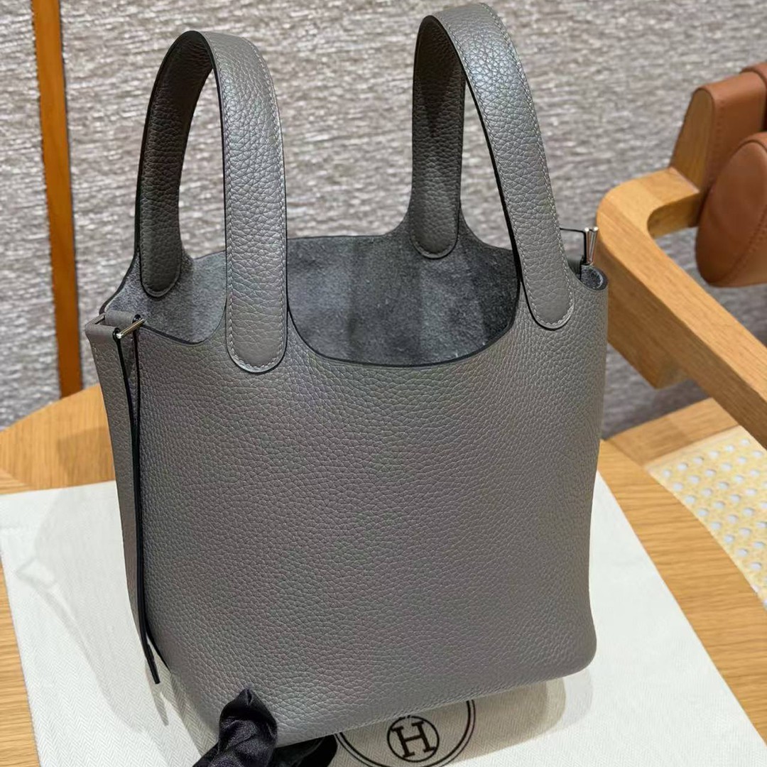Hermes Picotin Lock 18 CM Bag Handmade In Taurillon Clemence Leather Silver Hardware 8F Etain - Image 16