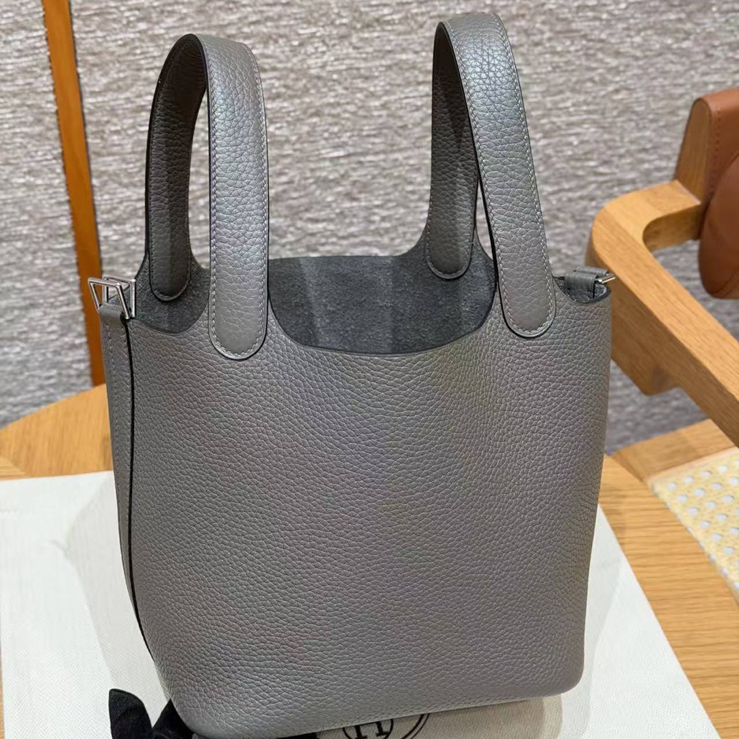 Hermes Picotin Lock 18 CM Bag Handmade In Taurillon Clemence Leather Silver Hardware 8F Etain - Image 15