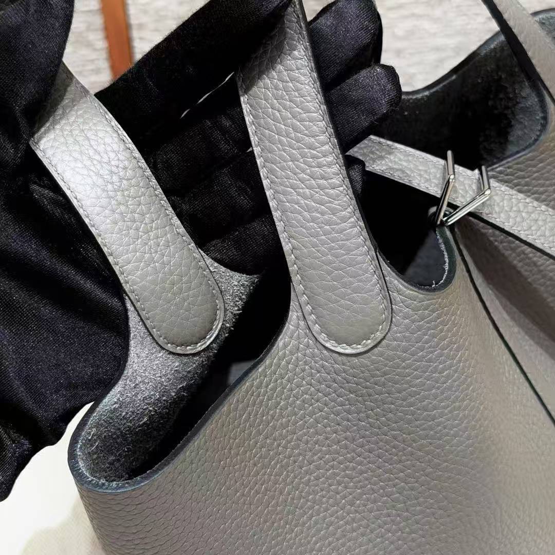 Hermes Picotin Lock 18 CM Bag Handmade In Taurillon Clemence Leather Silver Hardware 8F Etain - Image 14