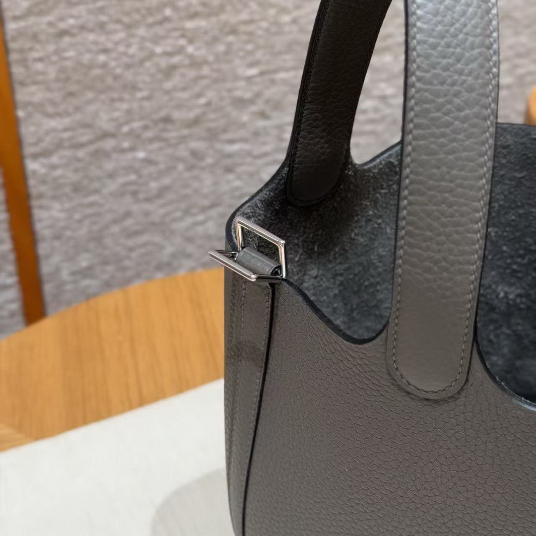 Hermes Picotin Lock 18 CM Bag Handmade In Taurillon Clemence Leather Silver Hardware 8F Etain - Image 7