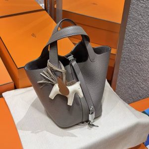 Hermes Picotin Lock 18 CM Bag Handmade In Taurillon Clemence Leather Silver Hardware 8F Etain - Image 3
