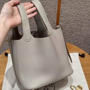 Hermes Picotin Lock 18 CM Bag Handmade In Taurillon Clemence Leather Gold Hardware 8L Beton - Image 18