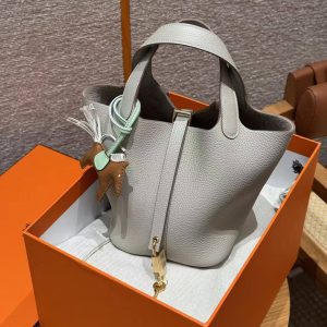 Hermes Picotin Lock 18 CM Bag Handmade In Taurillon Clemence Leather Gold Hardware 8L Beton - Image 9