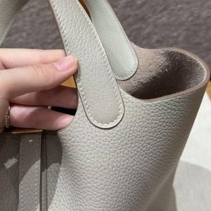 Hermes Picotin Lock 18 CM Bag Handmade In Taurillon Clemence Leather Gold Hardware 8L Beton - Image 6