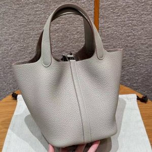 Hermes Picotin Lock 18 CM Bag Handmade In Taurillon Clemence Leather Sliver Hardware 8L Beton - Image 2