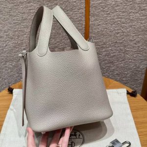 Hermes Picotin Lock 18 CM Bag Handmade In Taurillon Clemence Leather Sliver Hardware 8L Beton - Image 14