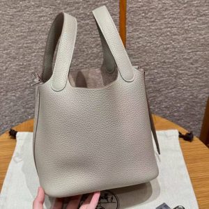 Hermes Picotin Lock 18 CM Bag Handmade In Taurillon Clemence Leather Sliver Hardware 8L Beton - Image 13
