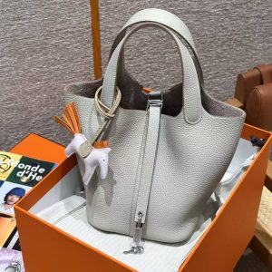 Hermes Picotin Lock 18 CM Bag Handmade In Taurillon Clemence Leather Sliver Hardware 8L Beton - Image 8