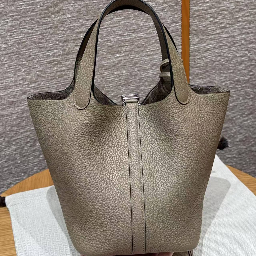 Hermes Picotin Lock 18 CM Bag Handmade In Taurillon Clemence Leather Silver Hardware 8Q Beige Marfa - Image 2