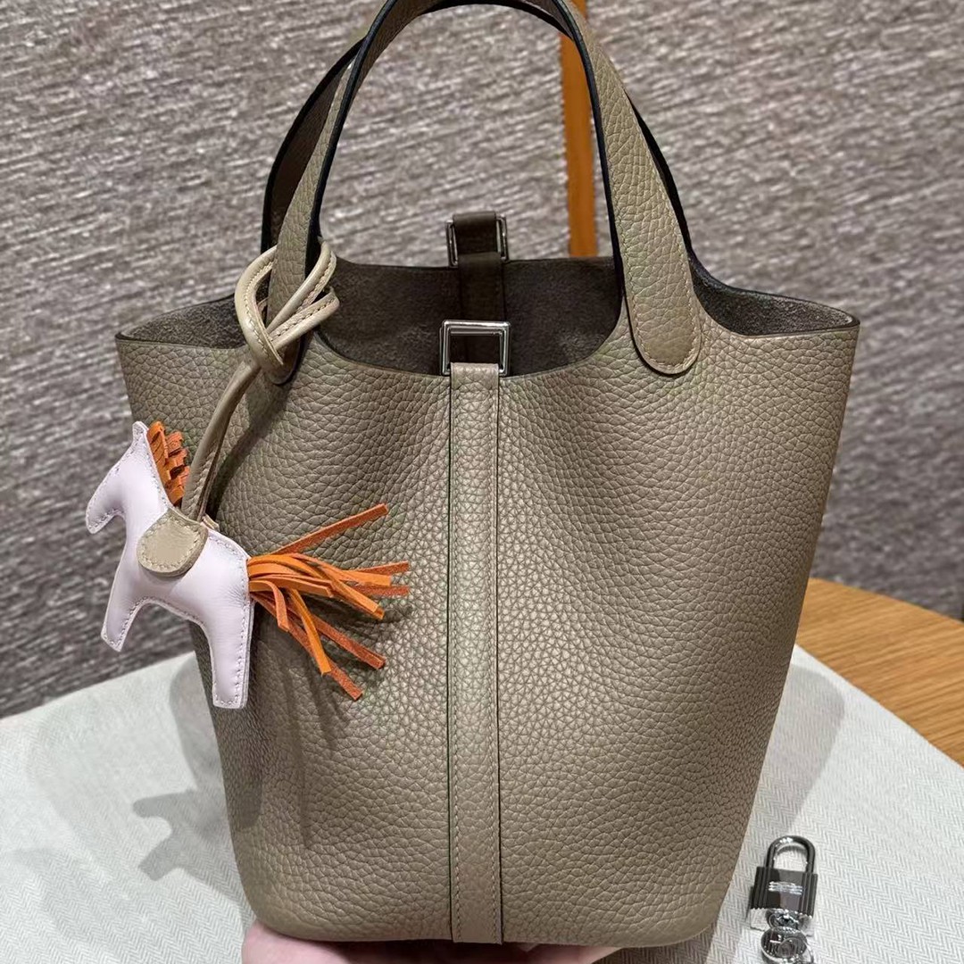 Hermes Picotin Lock 18 CM Bag Handmade In Taurillon Clemence Leather Silver Hardware 8Q Beige Marfa - Image 22
