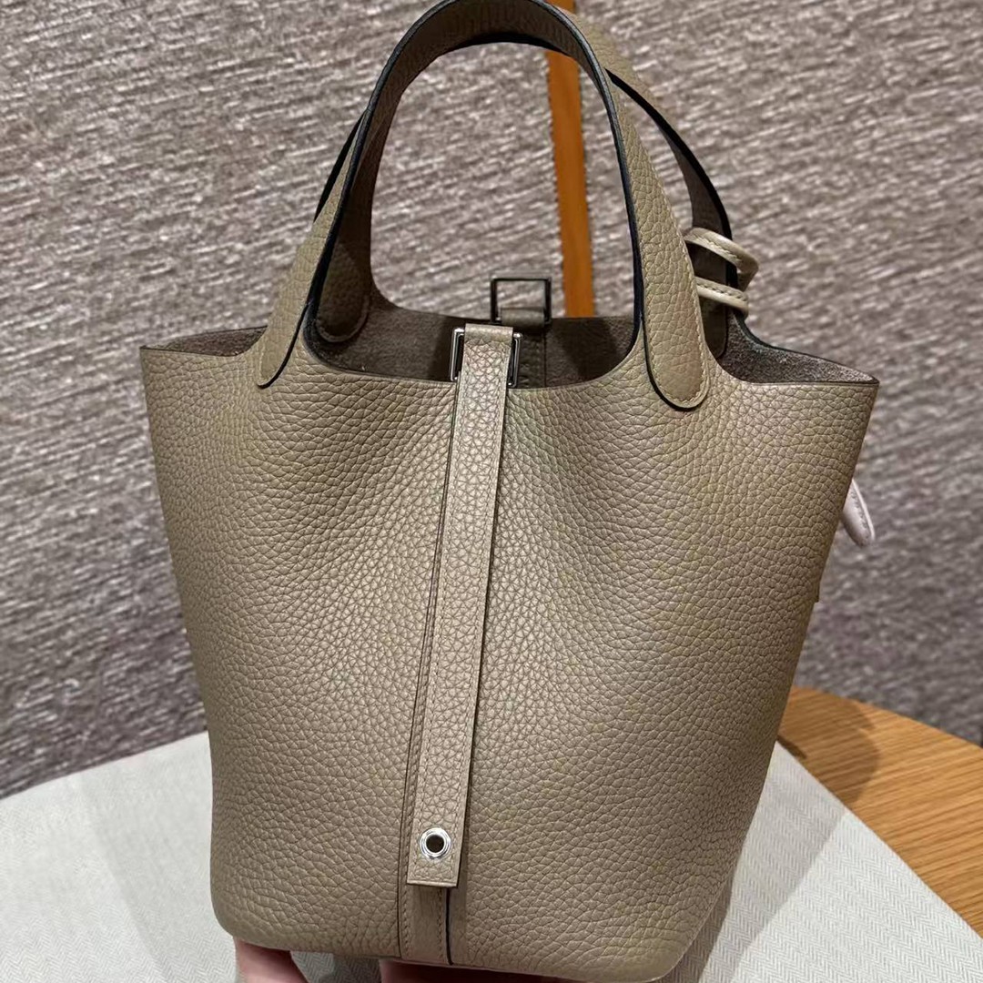 Hermes Picotin Lock 18 CM Bag Handmade In Taurillon Clemence Leather Silver Hardware 8Q Beige Marfa - Image 21